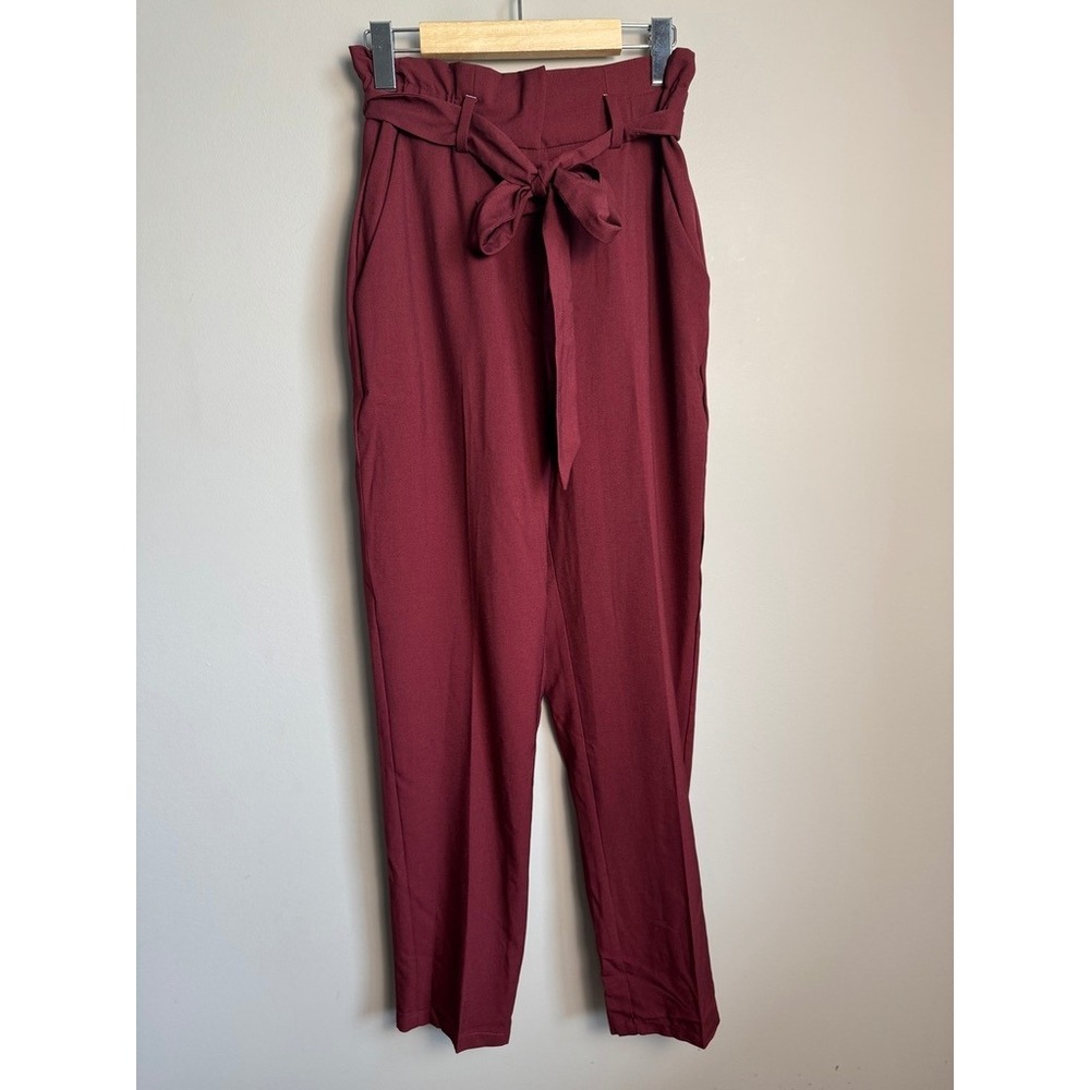 HM Paperbag Waist Tie Ankle Pants 4 Burgundy Red Office Professional Chic Preppy